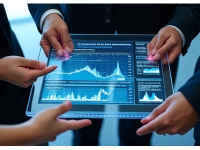 Three business people collaborating around a tablet with charts, symbolizing strategic SME structuring and planning.