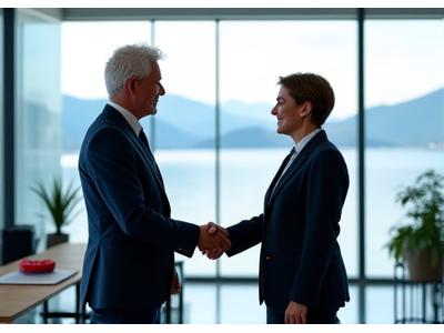Business professionals shaking hands in a bright, modern office, symbolizing new company formation and collaboration.