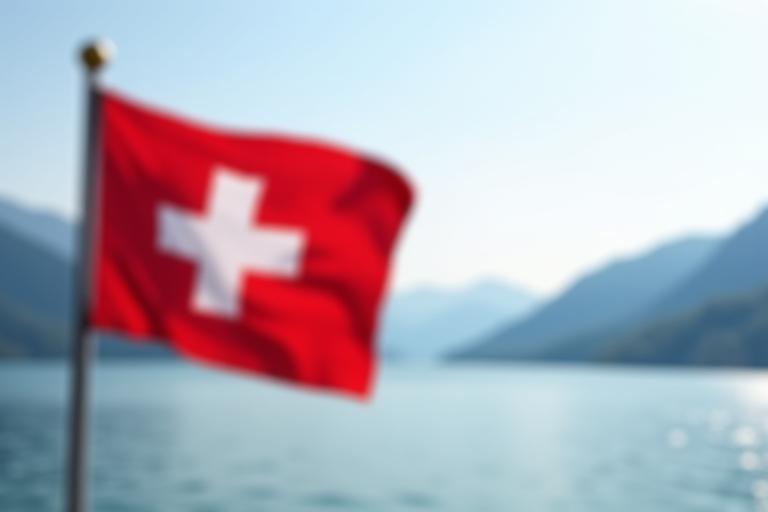 Swiss flag waving gently with a blurred background of Geneva lake and mountains